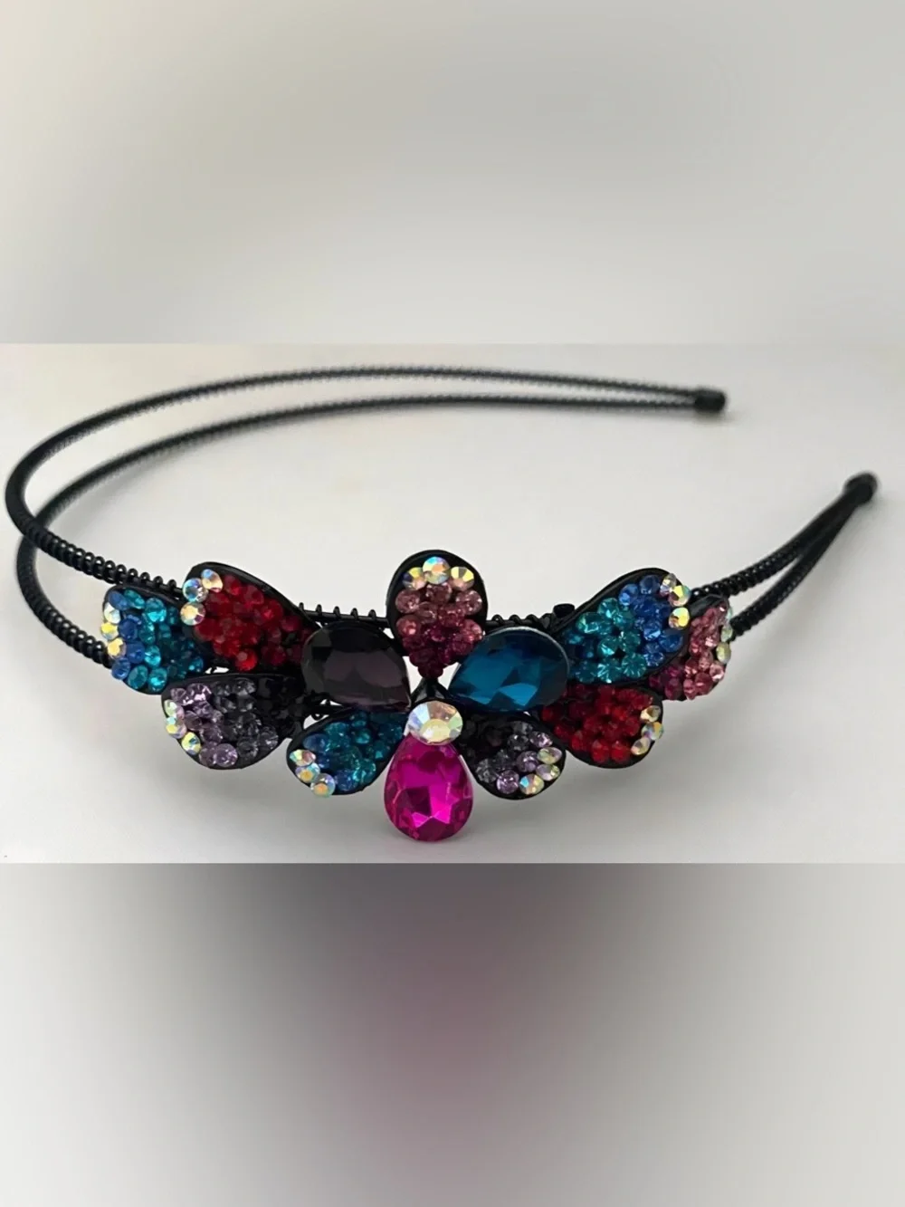 Crystal Floral Double-Band Headband in Pink, Teal, Red and Purple